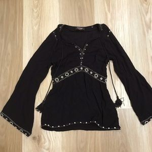 The Kooples Sunrise black long-sleeve blouse with embroidery, tassels & sequins